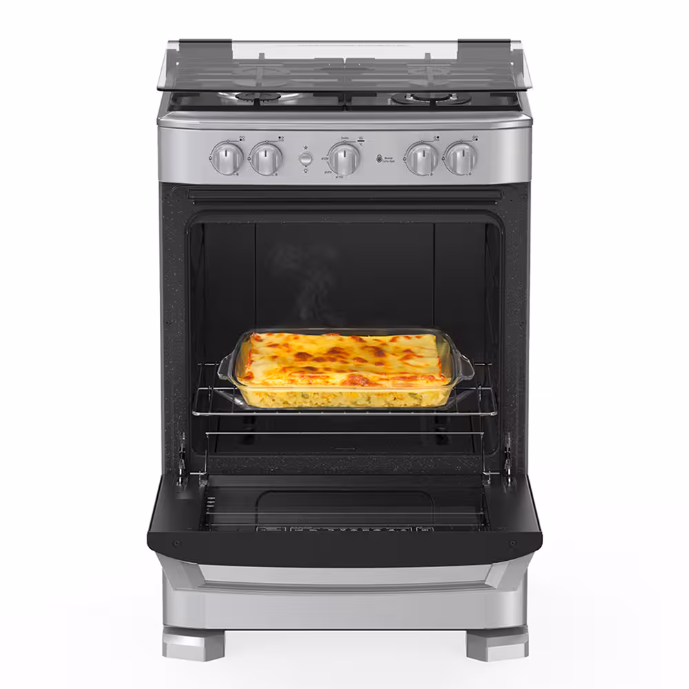 Cocina con comodidad y estilo con la Mabe EM6040FG2. 4 quemadores, diseño en inox y horno ideal para tus recetas diarias.