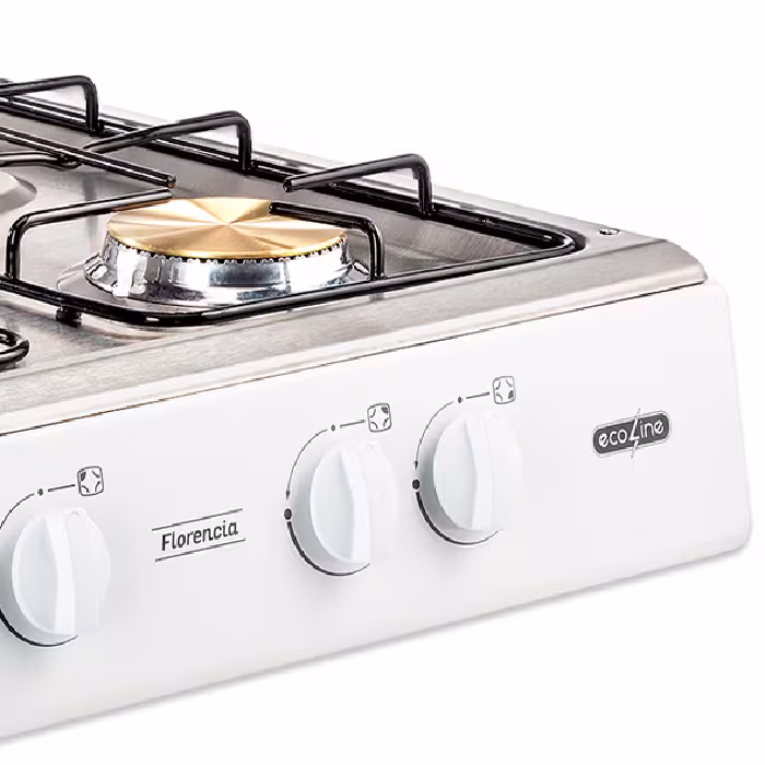 Cocineta Florencia 4Q EC de Ecoline, compacta y durable, con quemadores de bronce y diseño práctico ideal para cocinar con comodidad.