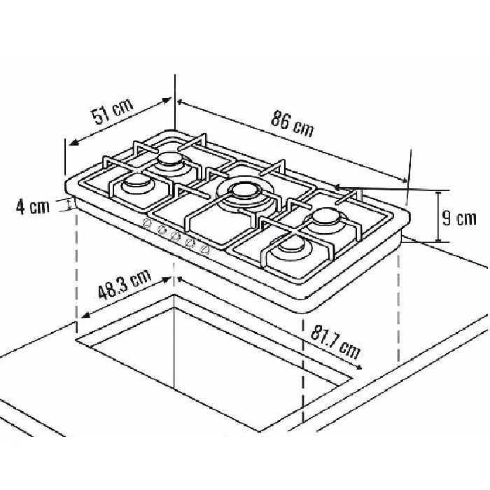 Encimera a Gas RCA 90S-005 de diseño moderno y práctico, con múltiples quemadores que garantizan potencia, eficiencia y comodidad en tu cocina.