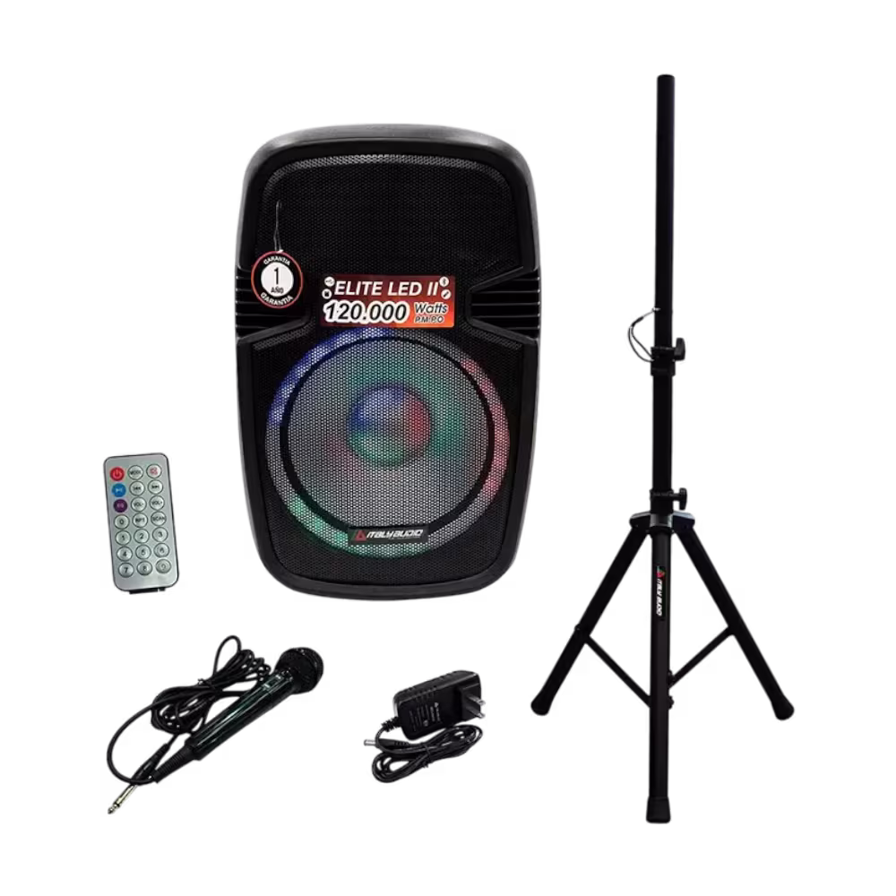 Parlante Italy Elite LED II 120000W con woofer de 15", luces RGB y Bluetooth. Llena tus fiestas de música potente y color vibrante.






