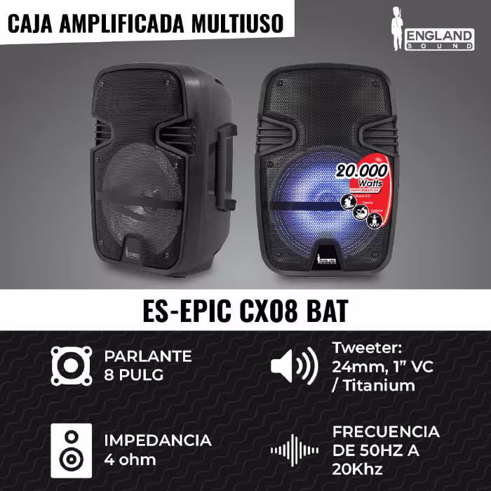 Parlante England Sound ES‑EPIC CX08 de 20 000 W con sonido potente, luces LED y Bluetooth, ideal para animar tus fiestas con energía y estilo.