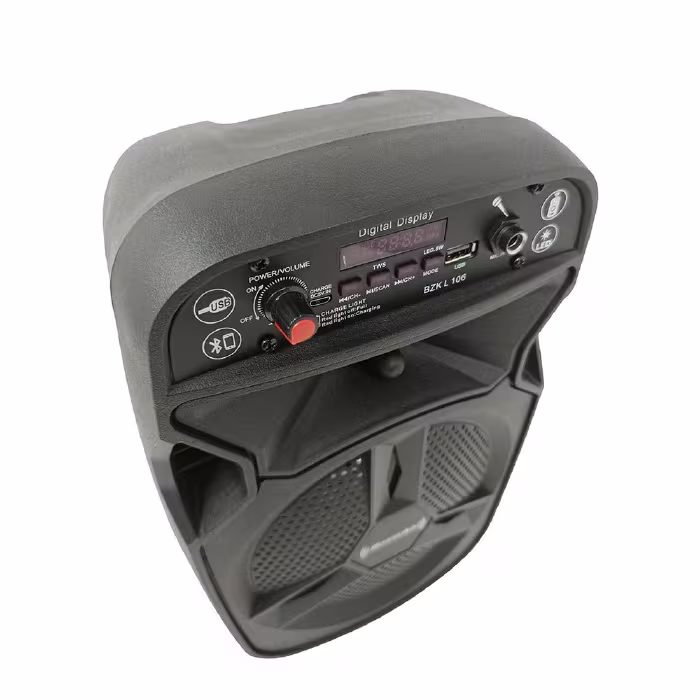 Parlante Bazzuka L‑106 de 1 500 W ofrece sonido potente y claro, diseño compacto y estilo urbano para acompañarte en cada momento con música.