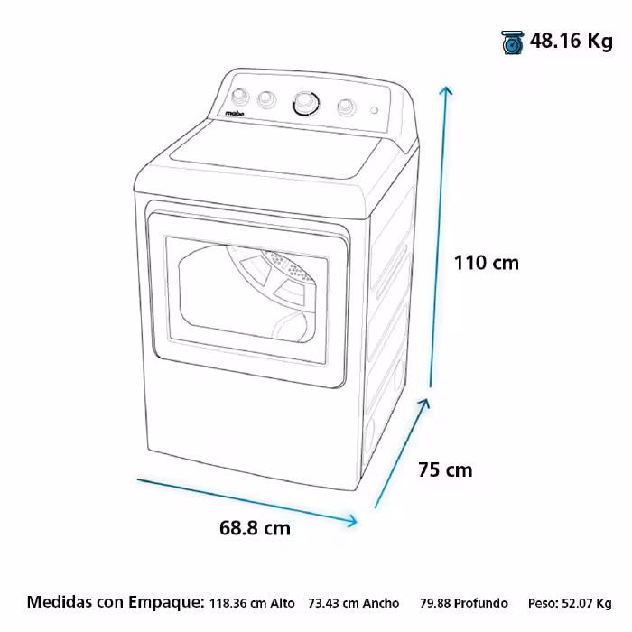 Seca más en menos tiempo con la Secadora a Gas Mabe SMG47N8MSBAB0 de 22 kg, eficiente, potente y perfecta para grandes cargas.