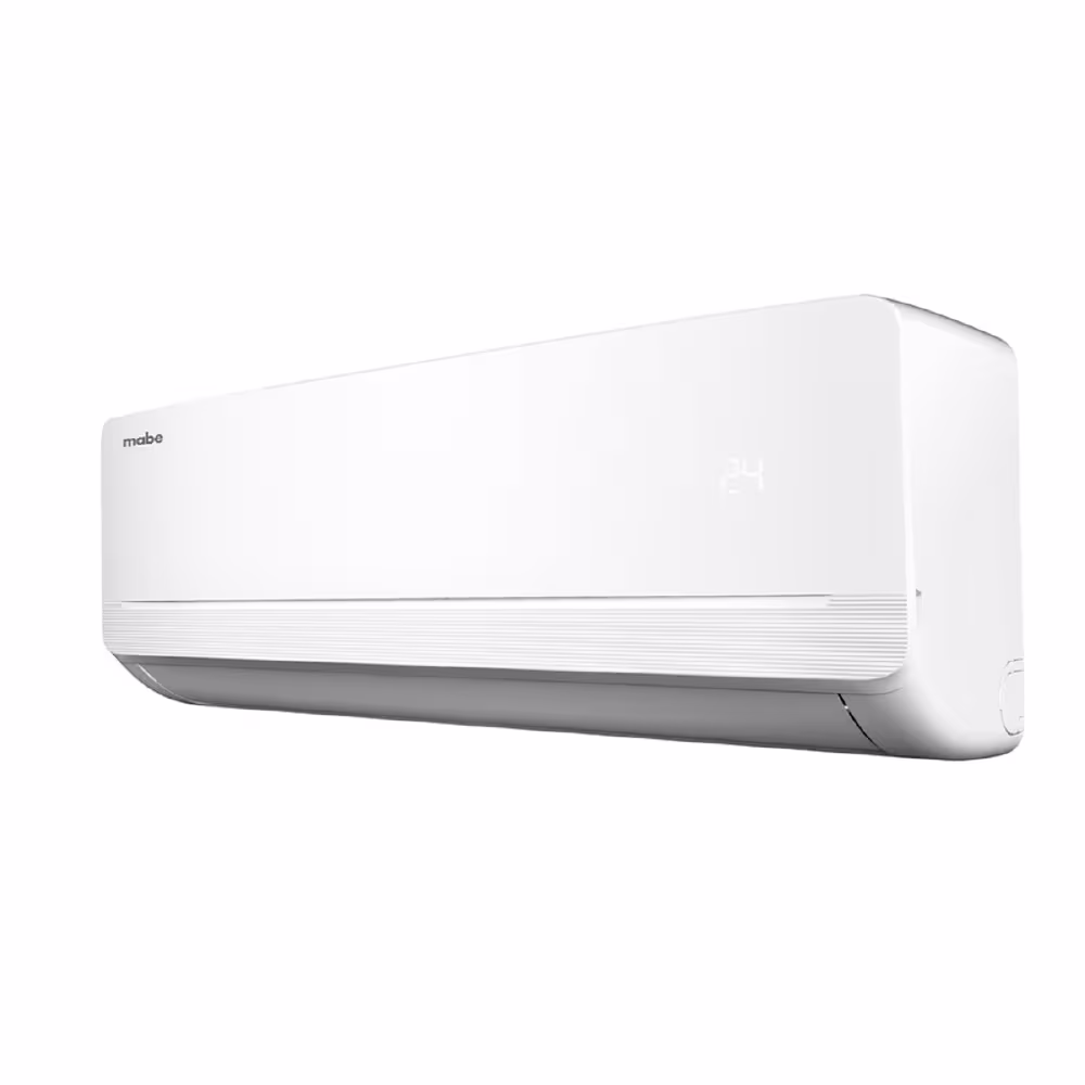 Aire acondicionado Mabe MMT24CDBWCCAX8 de 24000 BTU. Ideal para climas intensos: solo frío, función turbo y control digital oculto.