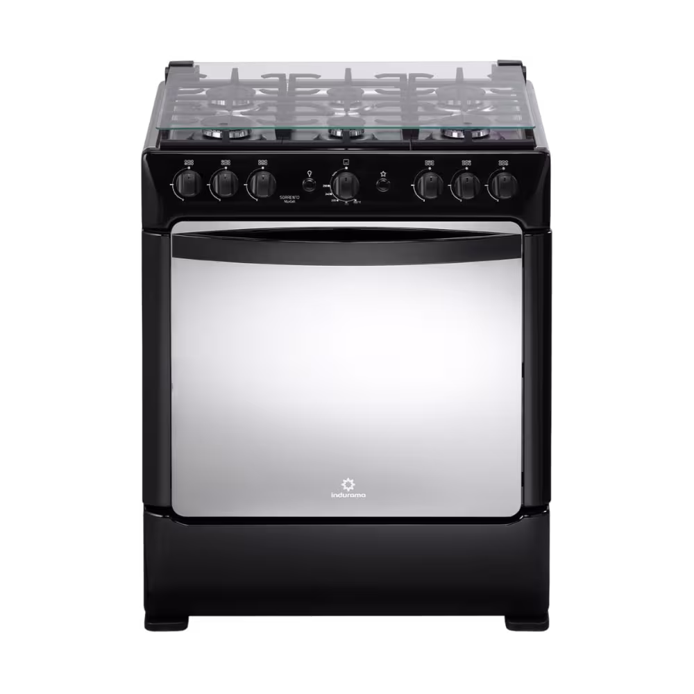 Cocina a gas Indurama Sorrento Maxgrill Zafiro, diseño elegante de 5 quemadores, horno amplio y parrilla Maxgrill para asados perfectos.