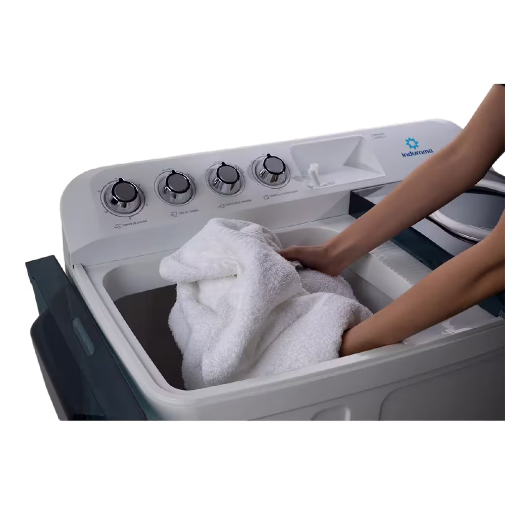 La Lavadora Semiautomática Indurama LRI-11BLSAP 11 kg es ideal para cargas medianas, con perilla de control y timer para un lavado eficiente.
