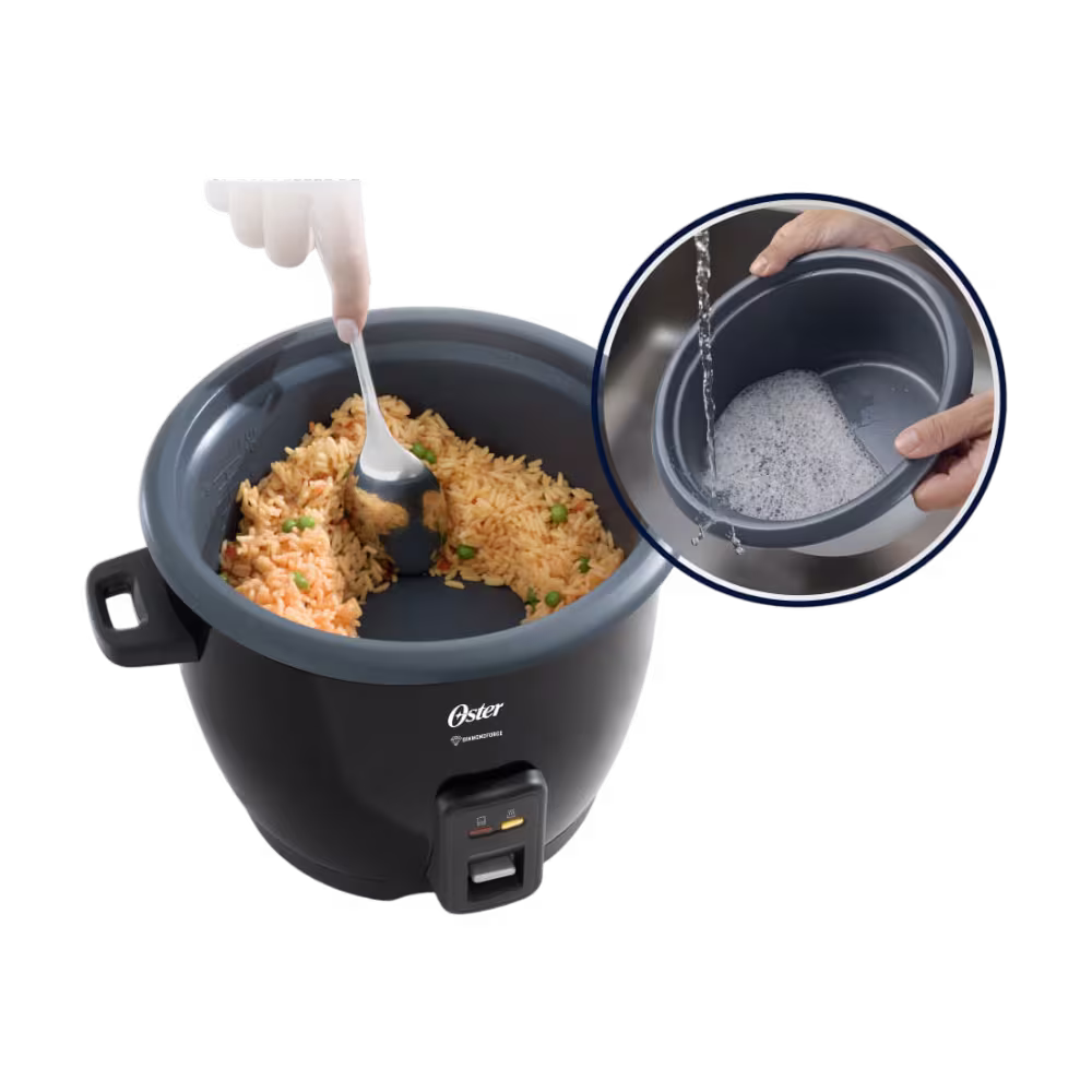 Olla arrocera Oster CKSTRCB10DFBLK-013, práctica y eficiente, cocina arroz perfecto y mantiene caliente tus alimentos.
