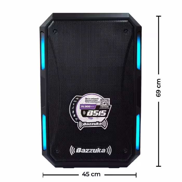 Vive la música con el Parlante Bazzuka B-515N de 75,000W PMPO, woofer de 15", Bluetooth, luces LED y sonido envolvente para cada fiesta.