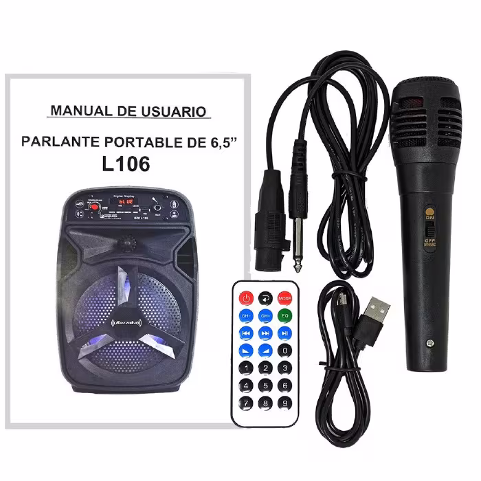 Parlante Bazzuka L‑106 de 1 500 W ofrece sonido potente y claro, diseño compacto y estilo urbano para acompañarte en cada momento con música.