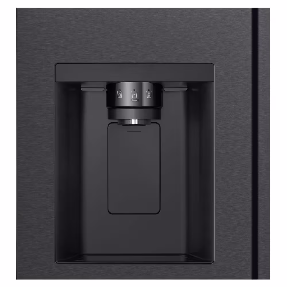 Refrigeradora LG Side by Side de 610L, diseño elegante en gris mate, con inverter, dispensador de agua y alarma de puerta.